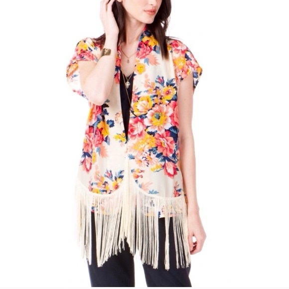 MIAMI for Francesca’s Boho Fringe Floral Kimono Open-Front Kimono Fringe Hem S - Picture 1 of 13